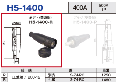 単極型コネクタ H5-1400 ボディ（電源側）H5-1400-R