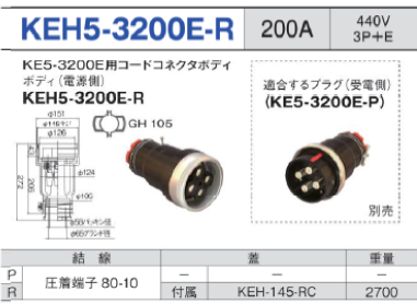 露出型コネクタ(防滴型) KEH5-3200E-R ボディ（電源側）KEH5-3200E-R